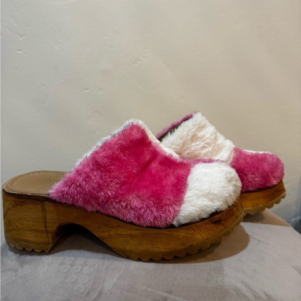 Pink and White Faux Fur Clogs
